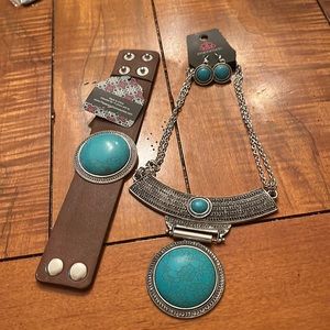 Paparazzi turquoise/ leather cuff, necklace and earrings